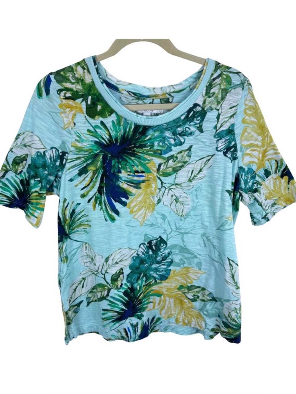 Chico's Tropical Floral Slub Knit Tee Teal Green Short Sleeve Size 1 M Medium